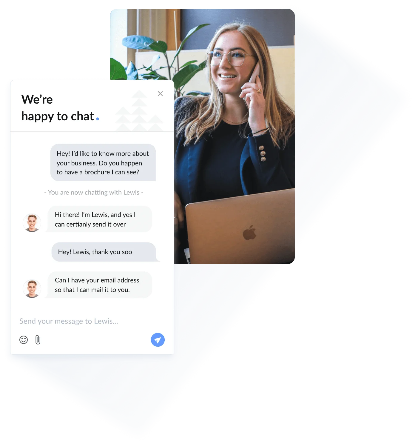 The image of a chat alongside a lady smiling while on her phone.
