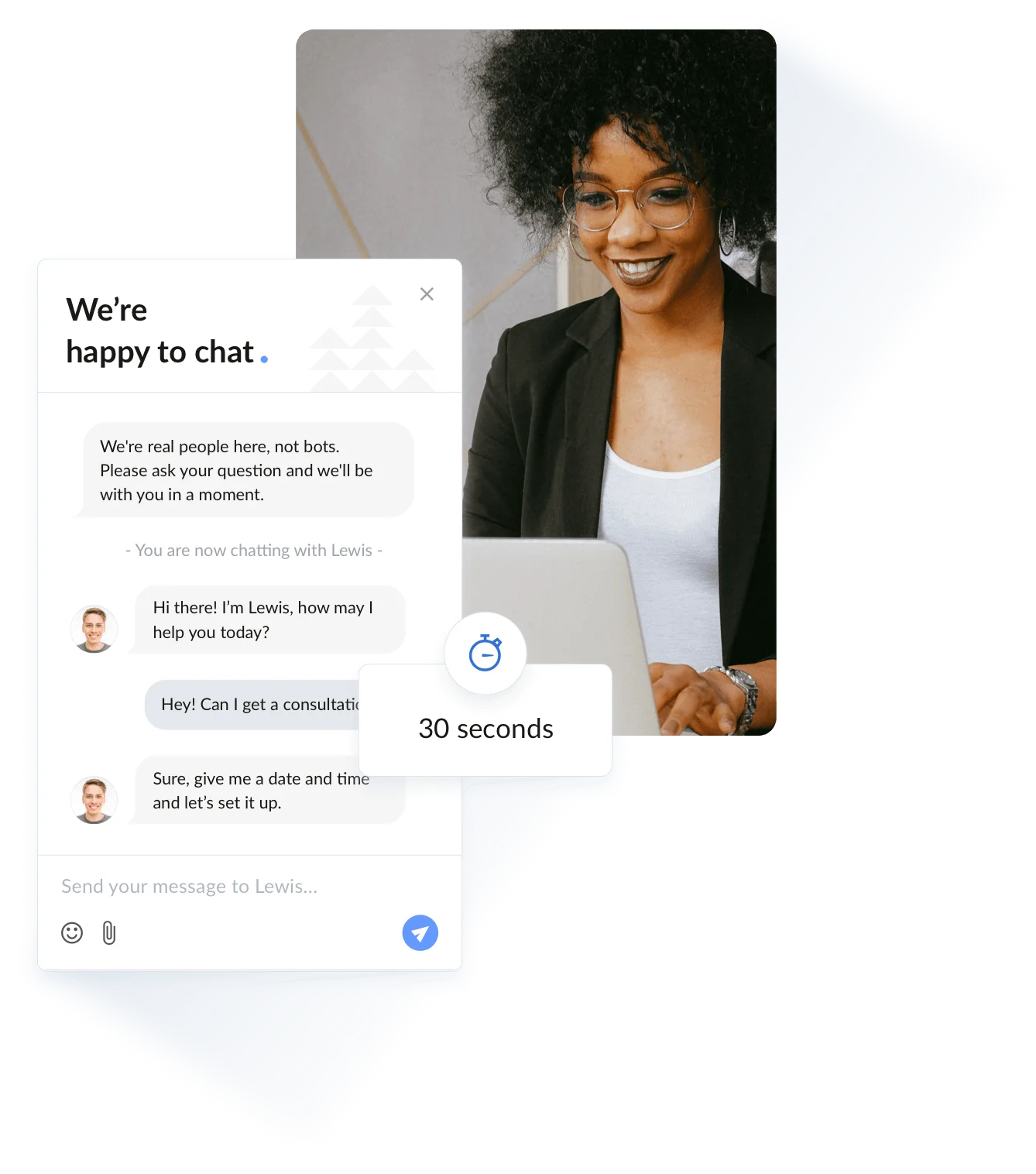 A happy customer in a conversation with an agent and a timer set to 30 seconds