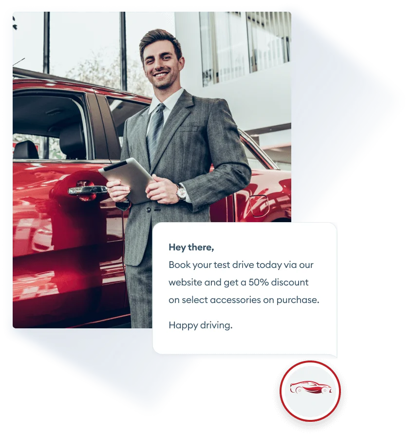 An image focussed on the custom chat message trigger with a company professional in the background.