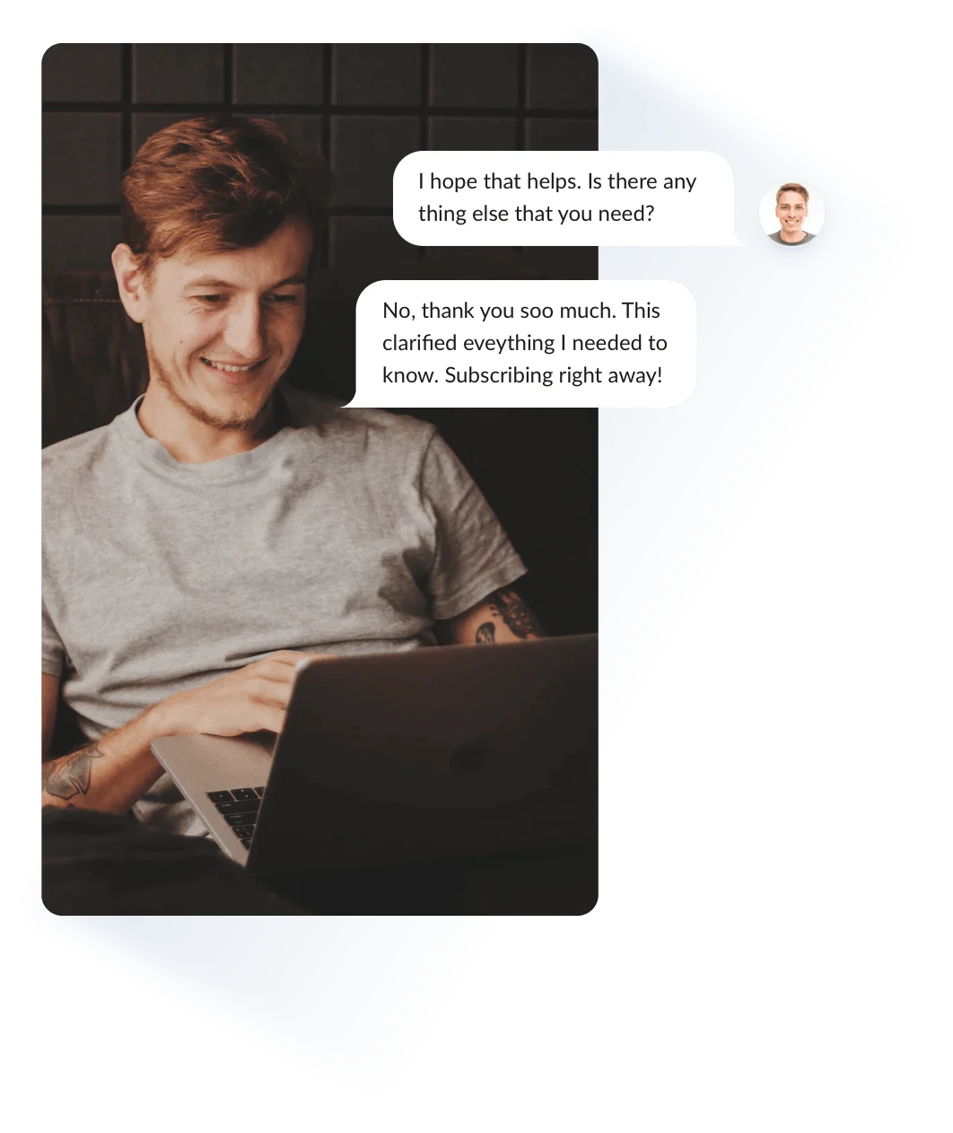 A happy customer ending a conversation with an online agent on his laptop
